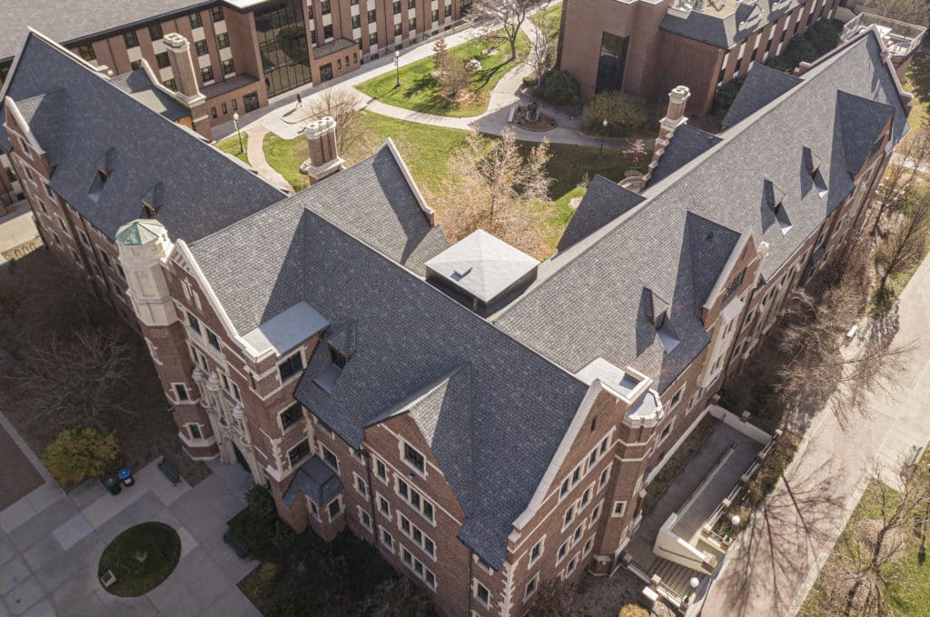 Regis Carroll Hall drone overview with angle