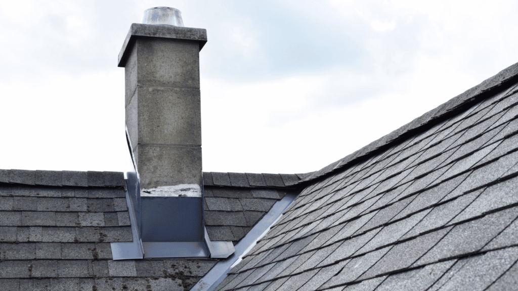 chimney on roof with shingles and flashing roof replacement